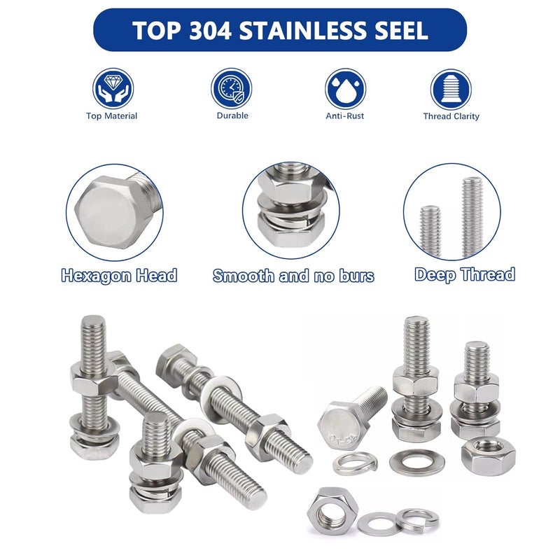 JROUTH 242PCS Hex Head Nuts and Bolts Assortment Kit,304 Stainless Steel Heavy Duty Bolts and Nuts Kit-1/4-20, 5/16-18,3/8-16, 10 Common Sizes Assorted Nuts and Bolts Flat & Lock Washers with Case - Image 2